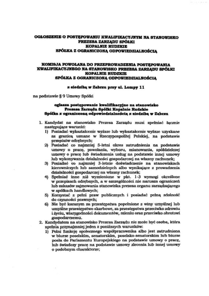 Ogłoszenie o postępowaniu kwalifikacyjnym na stanowisko Prezesa Zarządu Spółki Kopalnie Rudzkie Sp. z o.o.